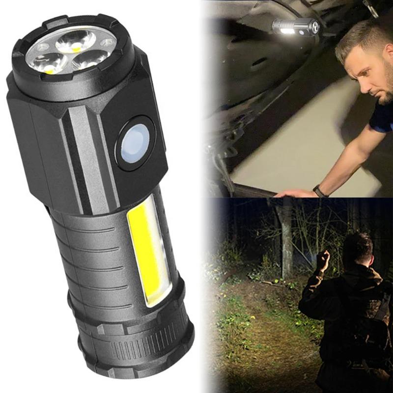 Super Bright 3LED Flashlight with Cap clips USB Recharge Mini Torch with COB Side Light Car Repair Working Lights for Outdoor Camping Hiking Fishing Cycling