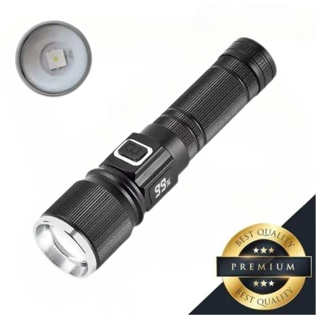 Super Bright LED Zoomable Flashlight 5 Lighting Modes Aluminum Alloy Torch with Power Display for Hiking Fishing Emergency